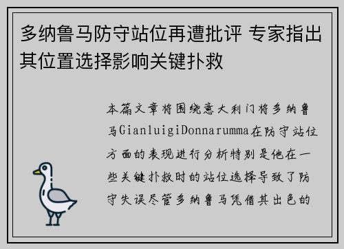 多纳鲁马防守站位再遭批评 专家指出其位置选择影响关键扑救